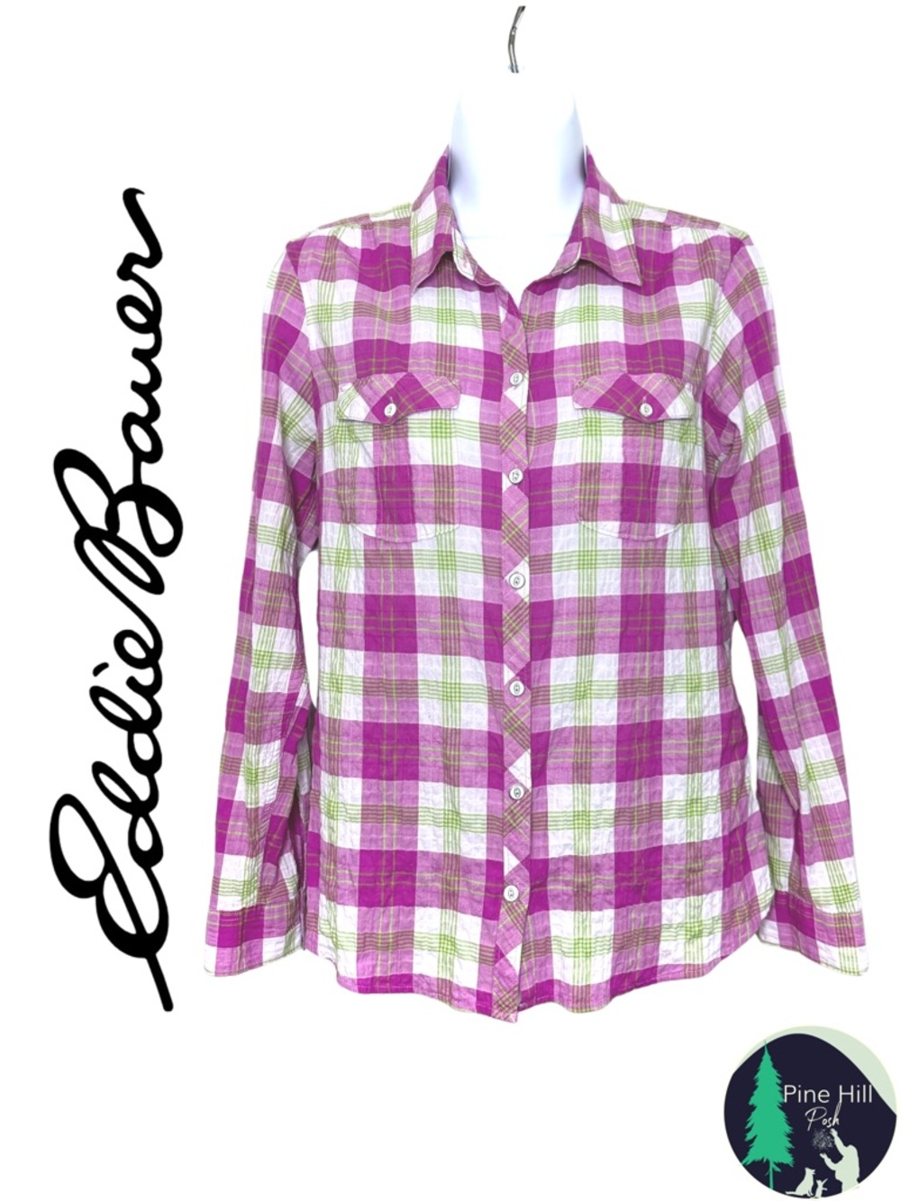 Eddie Bauer Crinkle Plaid Shirt Purple Green Lightweight Roll Tab Petite Medium